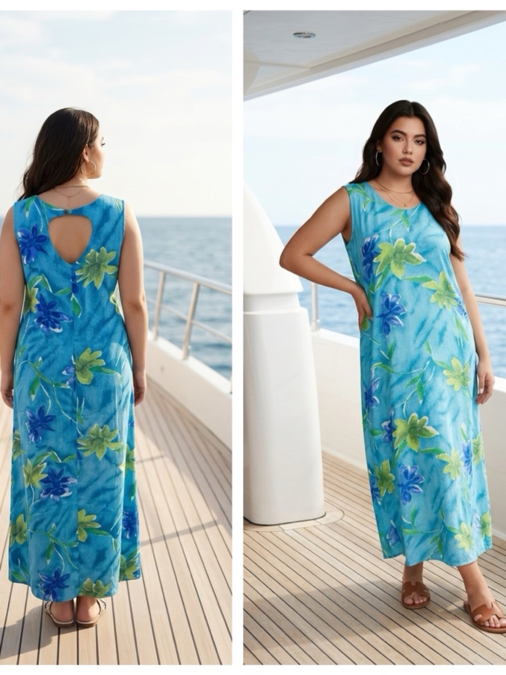 Kura Kura Women Sz M/L Sleeveless Blue Tropical Floral Maxi Dress keyhole back